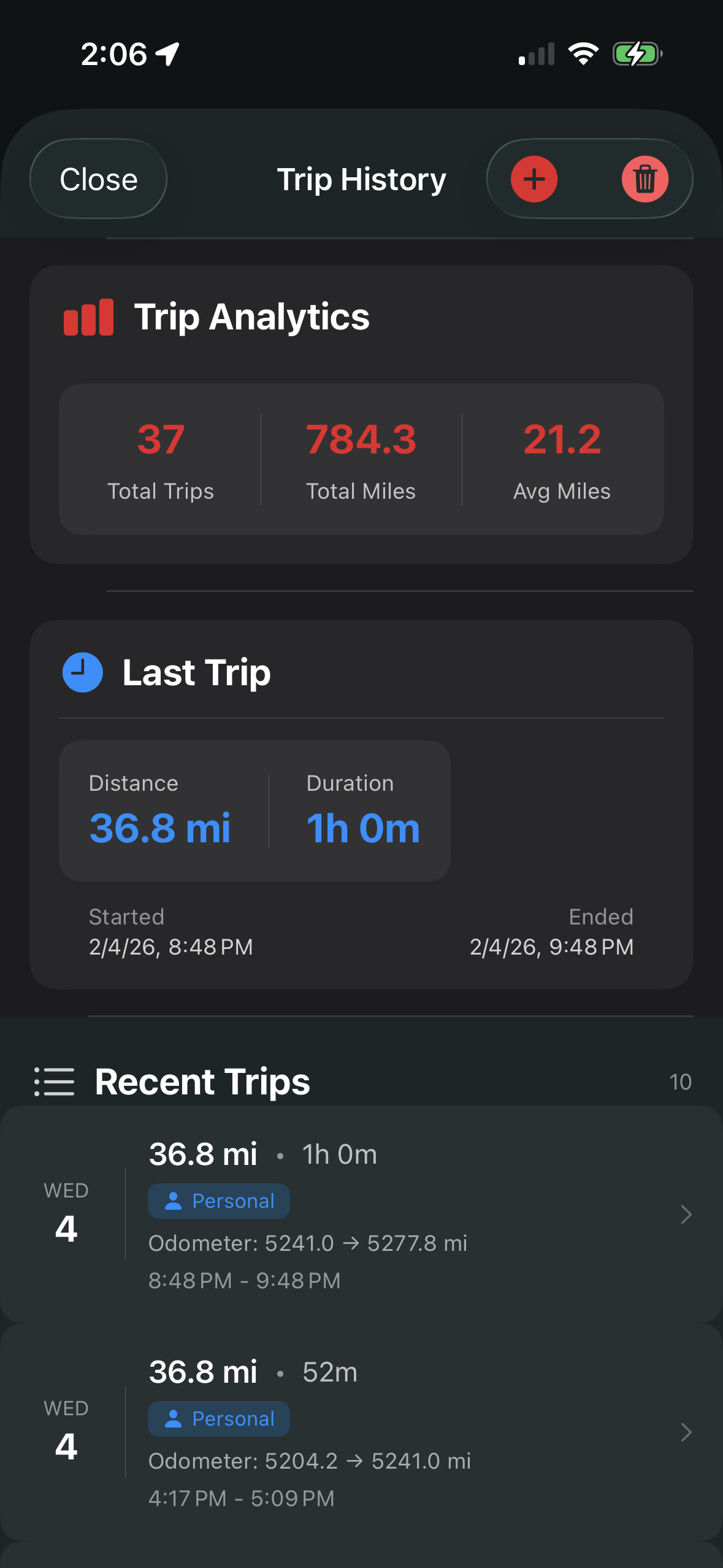 Trip History - Complete driving history and patterns